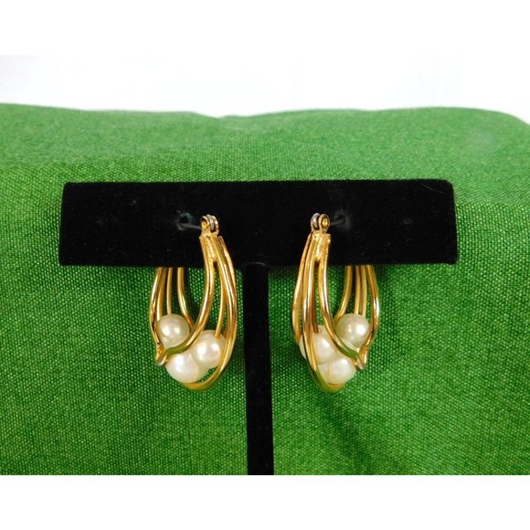 Faux Pearl Triple Wire Hoop Gold Tone Earrings Hinged Closure Pierced Ears - Picture 6 of 9